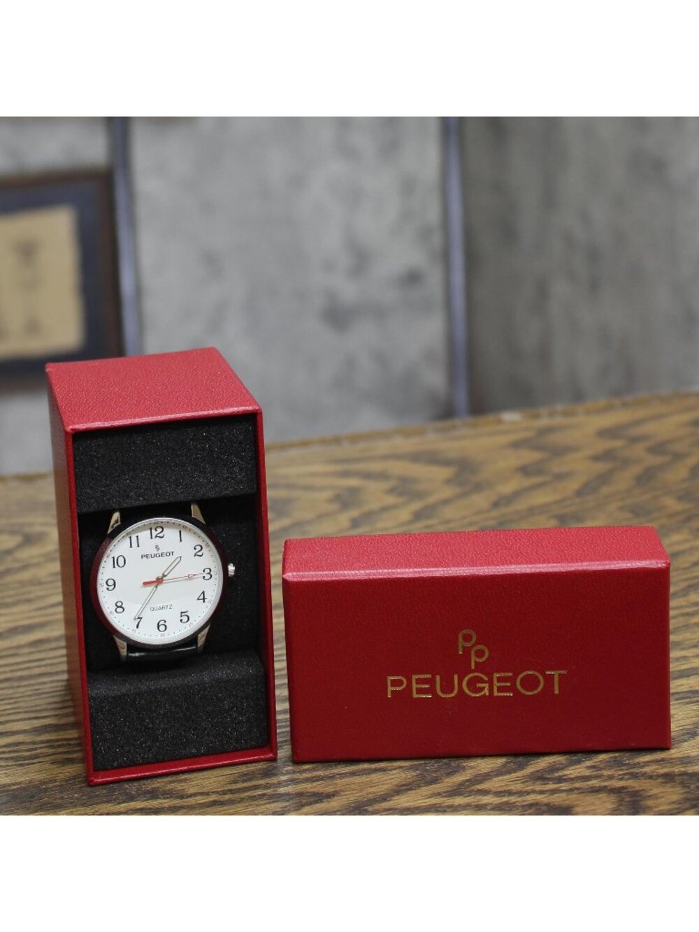 Peugeot Watch with Bold Arabic Numerals and Leather Band Black / Silver Gray